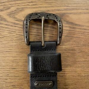Fossil Black Leather Belt Western Scroll Buckle Rhinestone Studs Women’s Boho  L